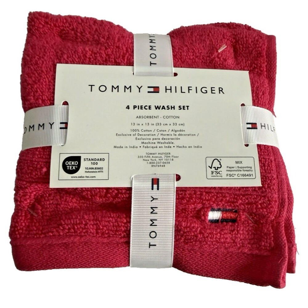 Tommy Hilfiger Logo Hot Pink 100% Cotton 4 Piece Washcloths Facecloths 13X13"
